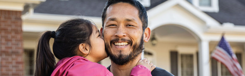 mobile view banner of parent and child in front of a home, home insurance, April 2023 blog, Travis CU,