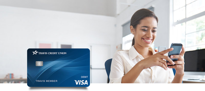 Visa debit card, mobile view banner, Travis CU,