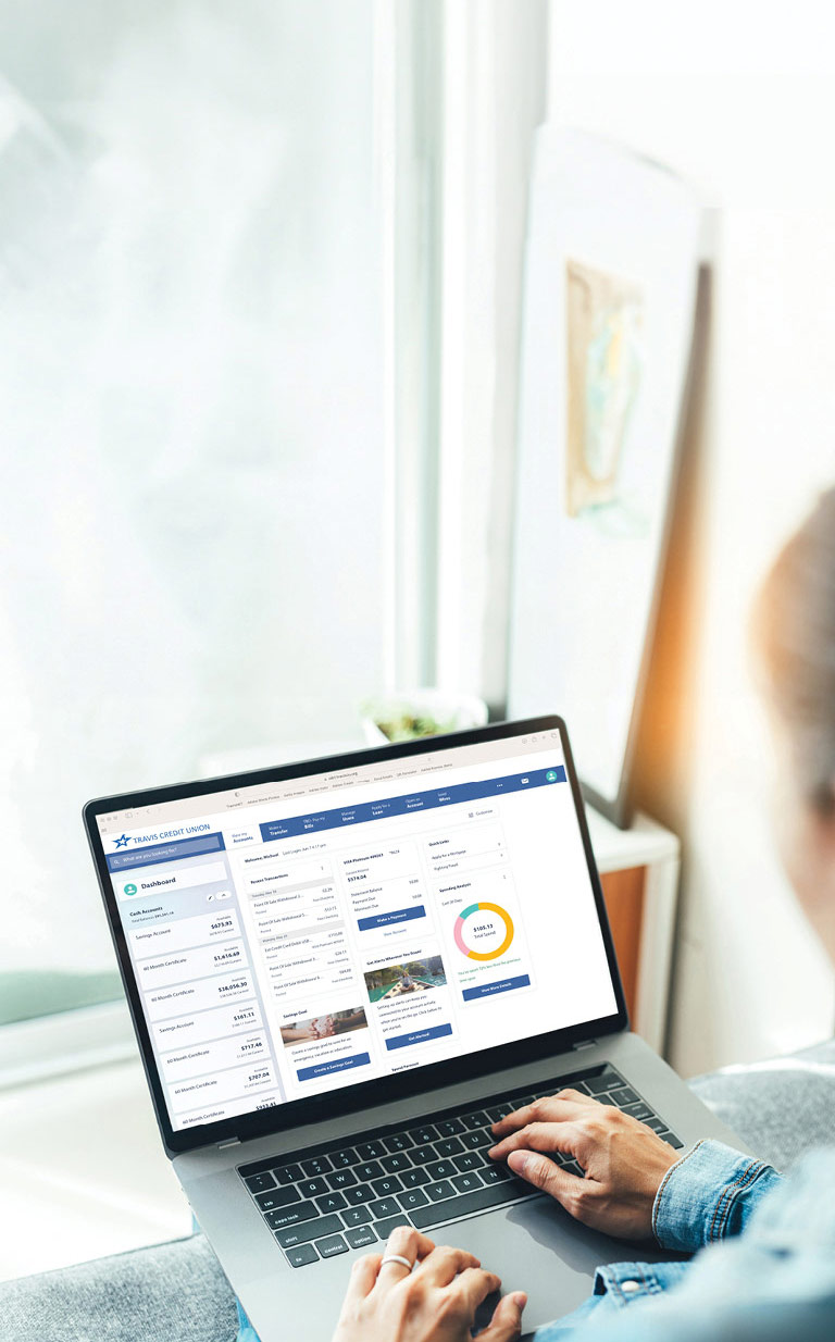 Explore our new Digital Banking, person using a laptop computer in their home, mobile banner
