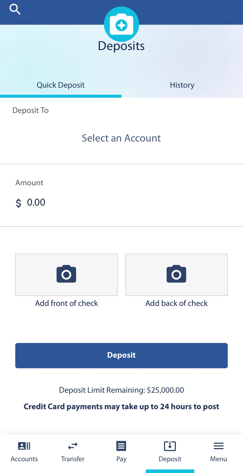 Deposit a check with the mobile app, mobile view, DB Hub, Travis CU,