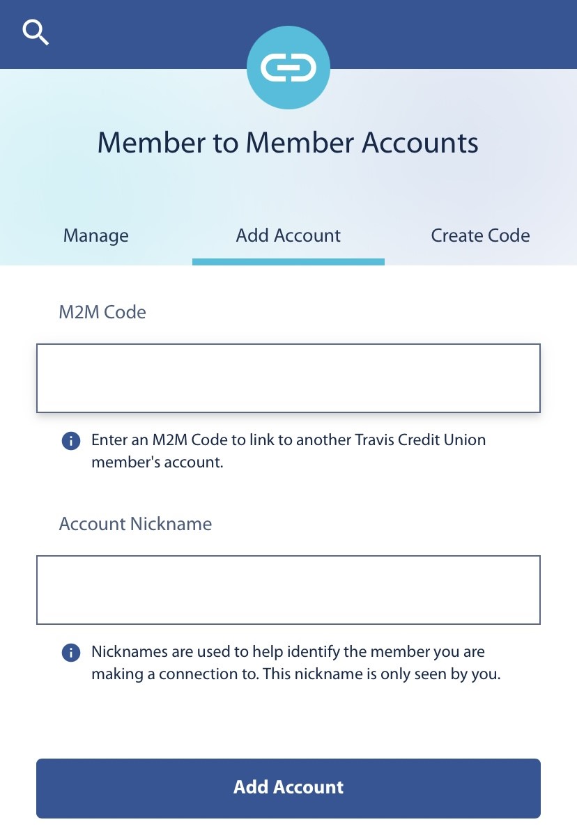 Member to member accounts screen, add member to member code, account management, digital banking, Travis CU