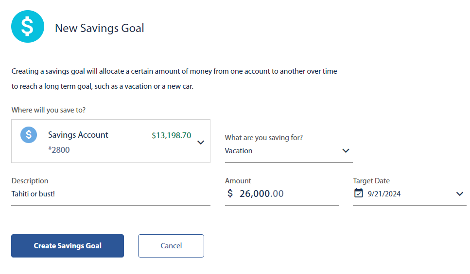New savings goal screen, how to set goals, financial wellness, digital banking hub, Travis CU,