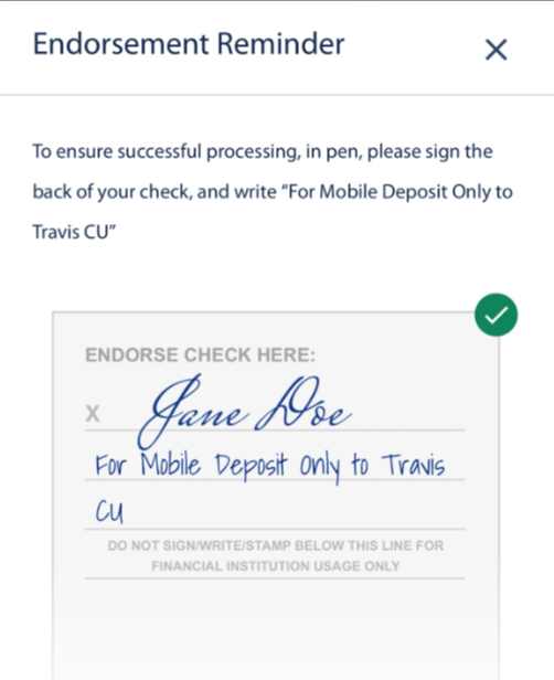 Sign the back of the check, mobile view, DB Hub, Travis CU,