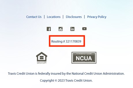 Footer of mobile banking with Routing number highlighted, mobile view, DB Hub, Travis CU,