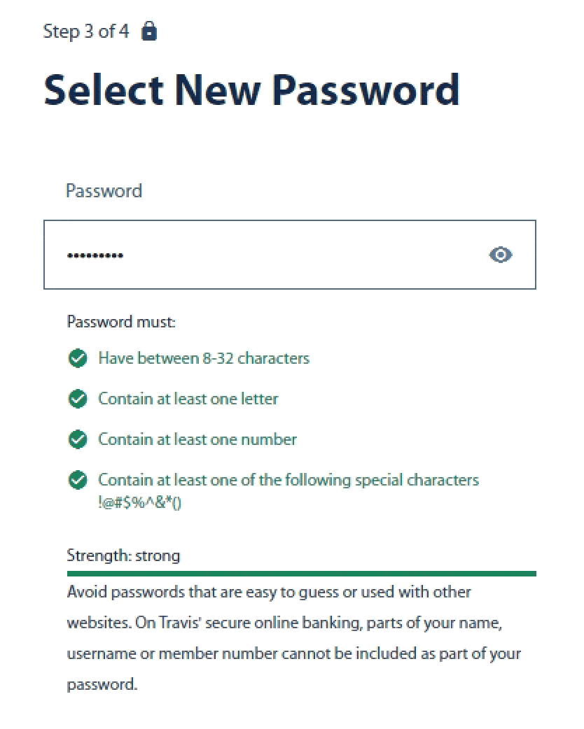 Select a New Password screen, first time sign on, account management, digital banking, Travis CU